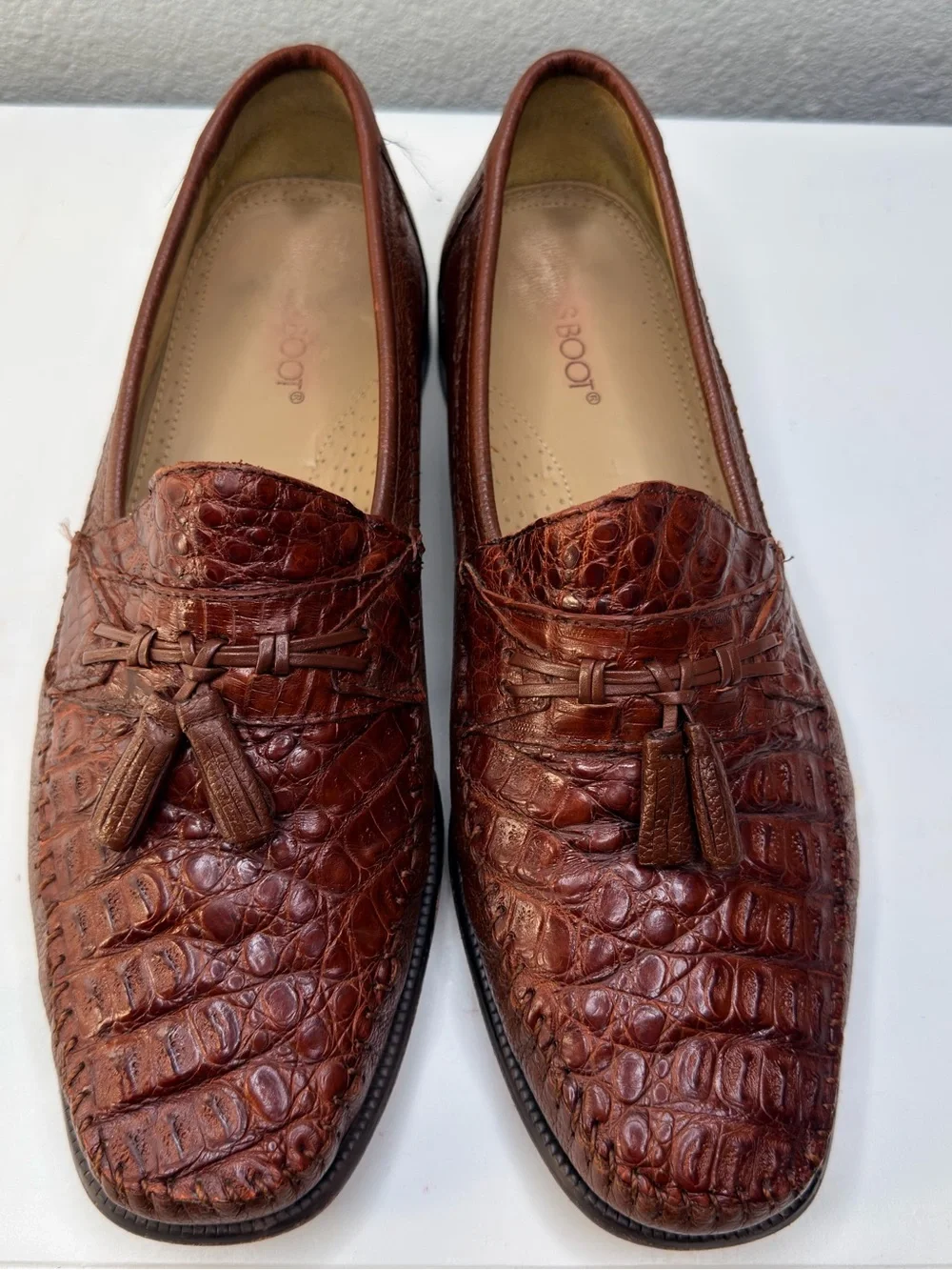 BRASS BOOT Genuine Caiman Alligator Cognac Leather Tassel Loafers Sz. 12M
